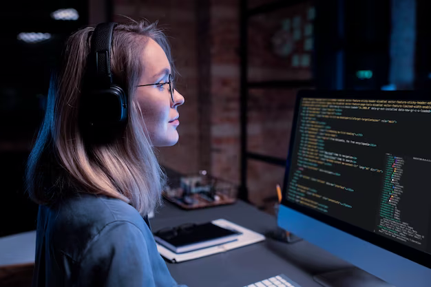 A girl in headphones sits in front of a computer and writes code