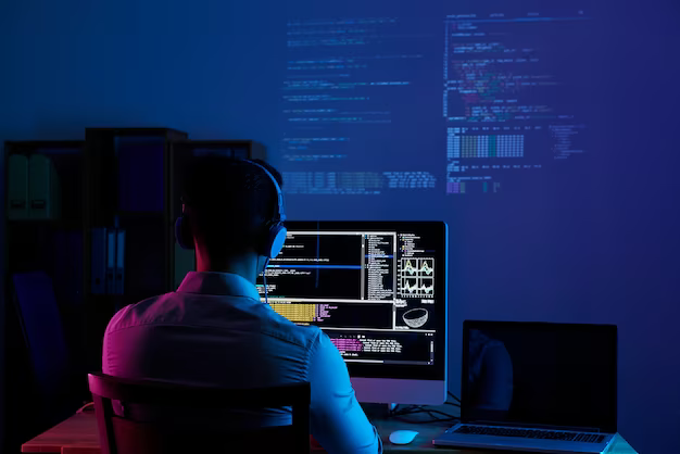 Rear view of programmer working all night