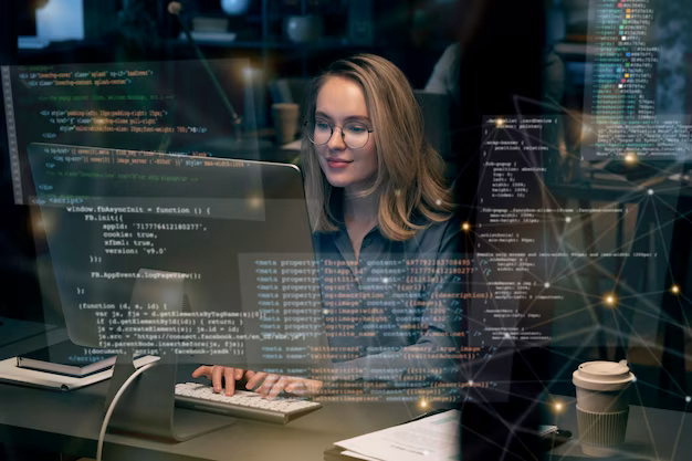 Girl working with codes at the computer
